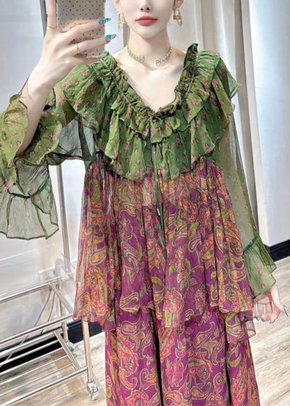 Chic Purple Print Chiffon Top And Maxi Skirts Two Pieces Set Fall