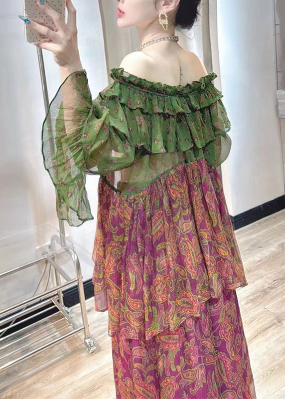 Chic Purple Print Chiffon Top And Maxi Skirts Two Pieces Set Fall