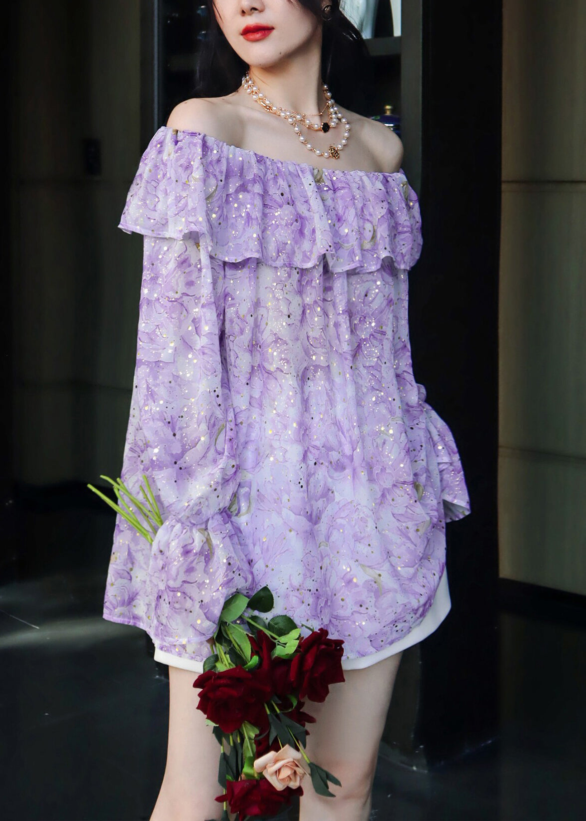 Chic Purple Print Slash Neck Ruffled Chiffon Shirt Tops Summer
