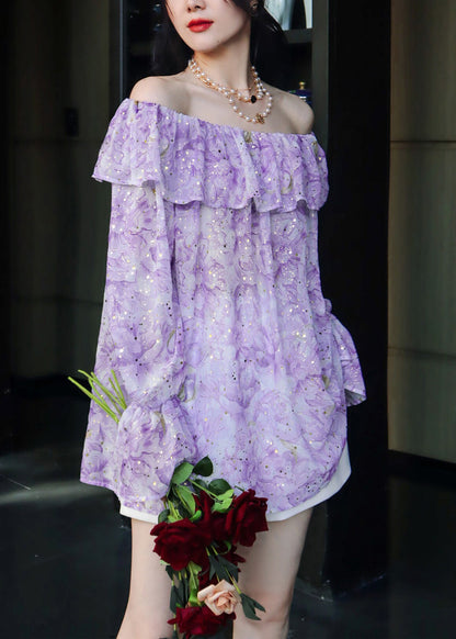 Chic Purple Print Slash Neck Ruffled Chiffon Shirt Tops Summer