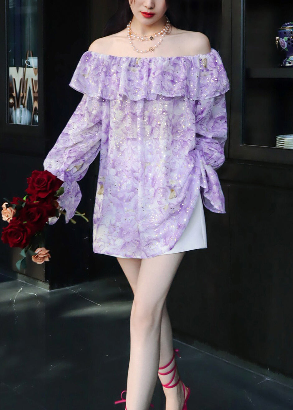 Chic Purple Print Slash Neck Ruffled Chiffon Shirt Tops Summer