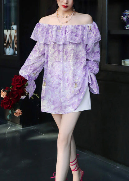 Chic Purple Print Slash Neck Ruffled Chiffon Shirt Tops Summer