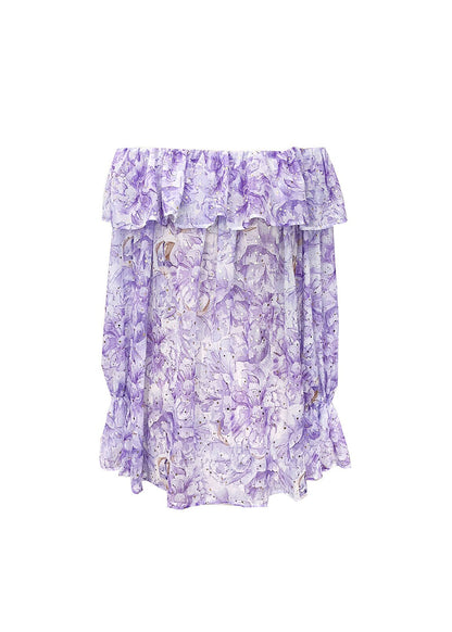 Chic Purple Print Slash Neck Ruffled Chiffon Shirt Tops Summer