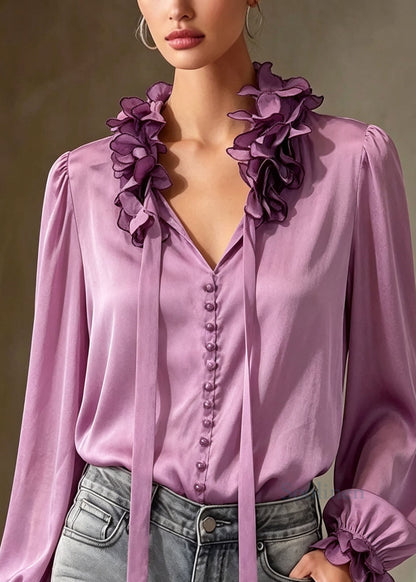 Chic Purple Ruffled Floral Patchwork Silk Top Fall