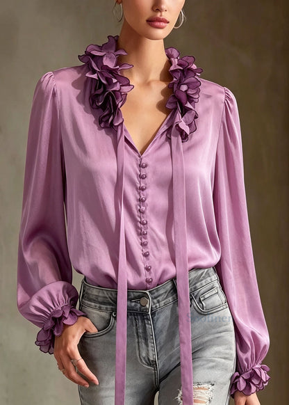 Chic Purple Ruffled Floral Patchwork Silk Top Fall