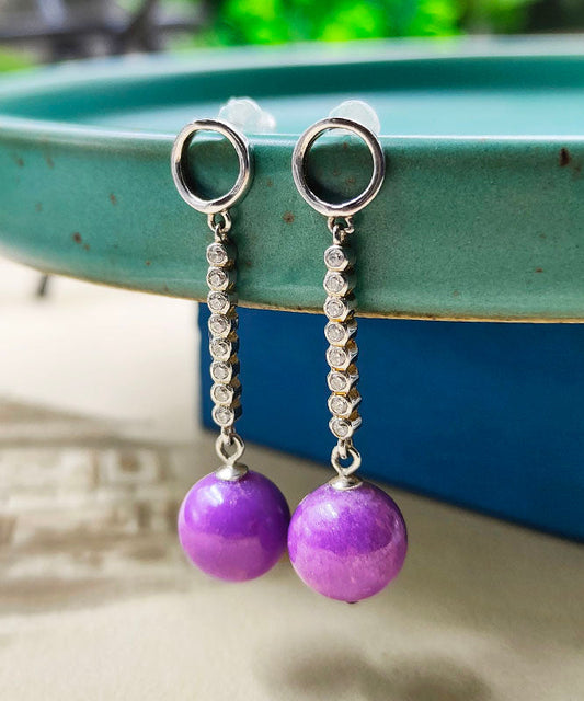 Elegantes pendientes de plata de ley morada con incrustaciones de gemas y circonitas