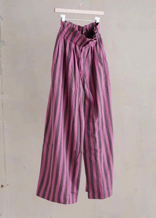 Chic Lila Gestreiften Elastische Taille Baumwolle Breite Bein Hosen Sommer