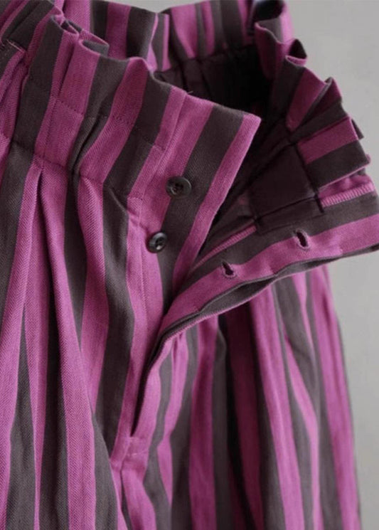 Chic Lila Gestreiften Elastische Taille Baumwolle Breite Bein Hosen Sommer