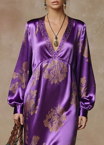 Chic Purple Tasseled Print High Waist Silk Dresses Spring