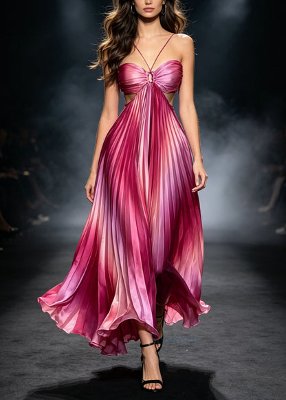 Chic Purple Tie Dye Wrinkled Silk Halter Dresses Summer