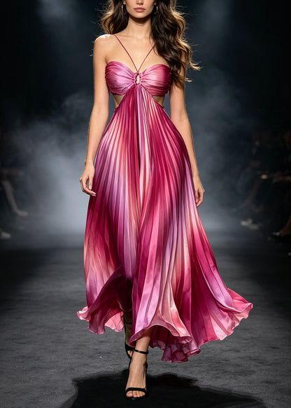 Chic Purple Tie Dye Wrinkled Silk Halter Dresses Summer