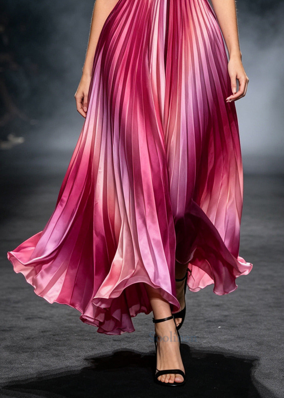 Chic Purple Tie Dye Wrinkled Silk Halter Dresses Summer