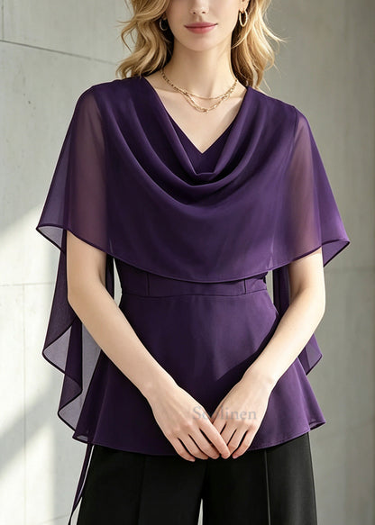 Chic Purple Turtle Neck Chiffon Top Butterfly Sleeve