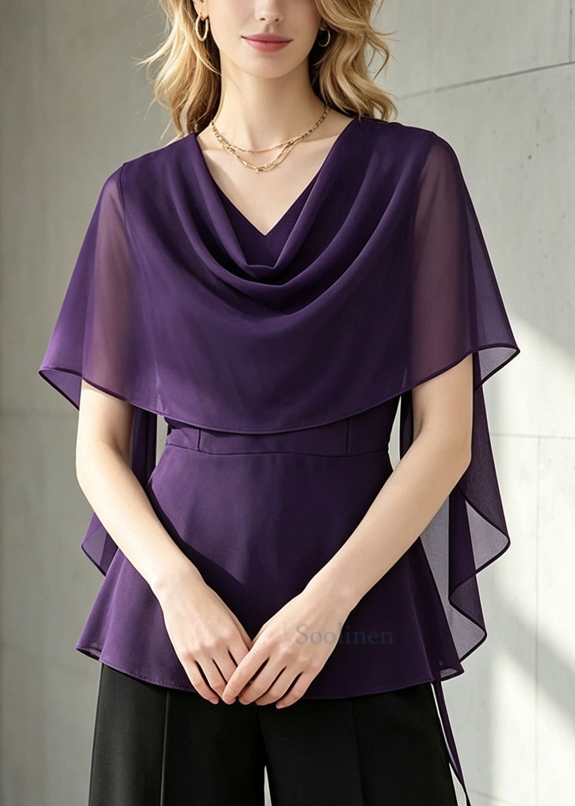 Chic Purple Turtle Neck Chiffon Top Butterfly Sleeve