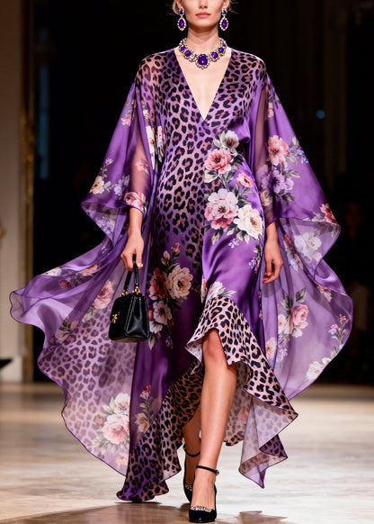 Chic Purple V Neck Asymmetrical Design Print Silk Robe Dresses Summer