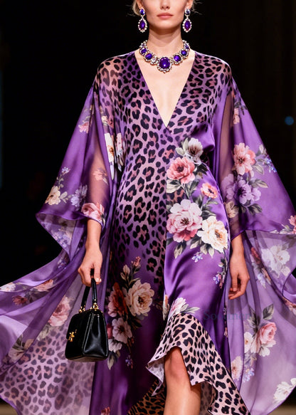 Chic Purple V Neck Asymmetrical Design Print Silk Robe Dresses Summer