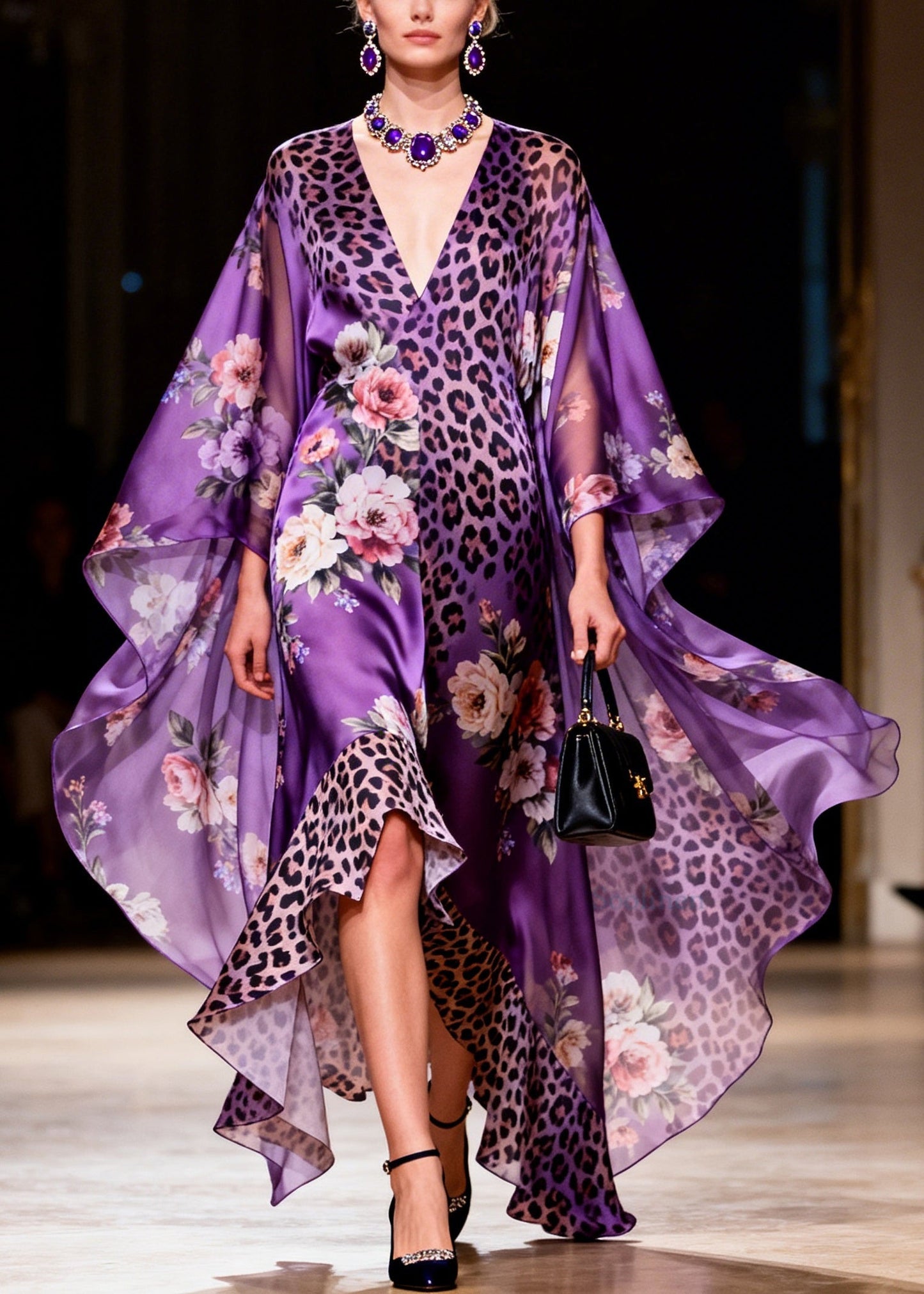Chic Purple V Neck Asymmetrical Design Print Silk Robe Dresses Summer