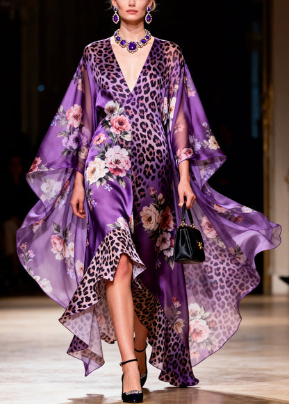 Chic Purple V Neck Asymmetrical Design Print Silk Robe Dresses Summer