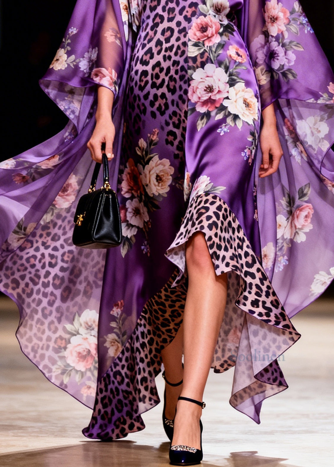 Chic Purple V Neck Asymmetrical Design Print Silk Robe Dresses Summer