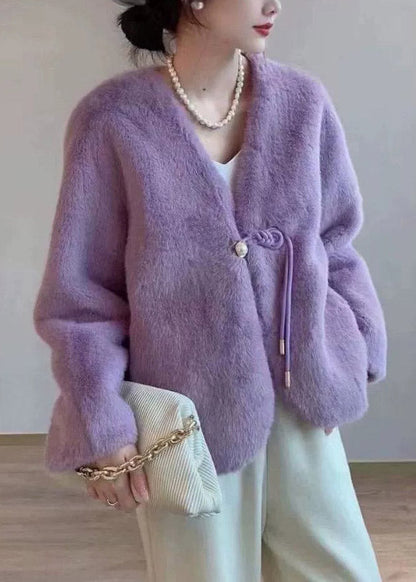 Chic Purple V Neck Tassel Faux Fur Short Jacket Winter