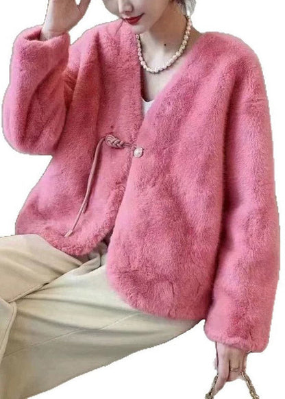 Chic Purple V Neck Tassel Faux Fur Short Jacket Winter