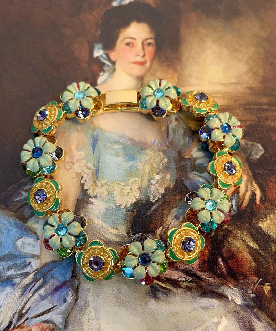 Chic Rainbow Alloy Zircon Floral Enamel Chain Bracelet