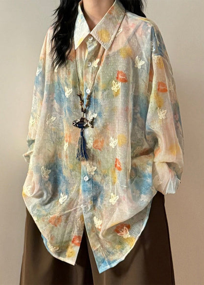 Chic Rainbow Peter Pan Collar Butterfly Button Cotton Shirts Spring