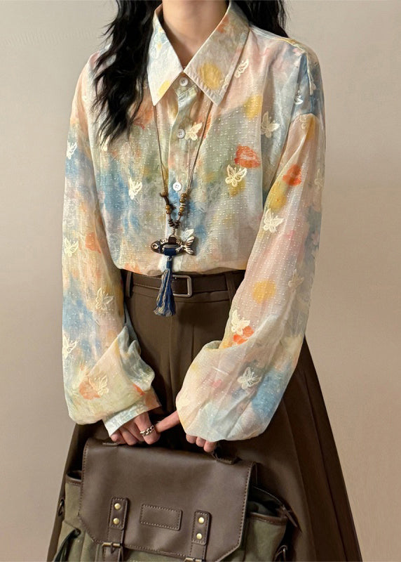 Chic Rainbow Peter Pan Collar Butterfly Button Cotton Shirts Spring