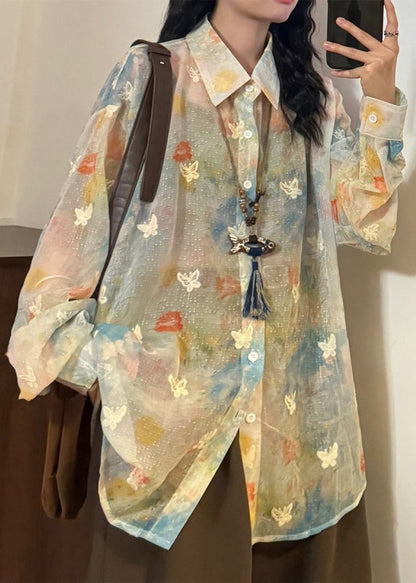 Chic Rainbow Peter Pan Collar Butterfly Button Cotton Shirts Spring