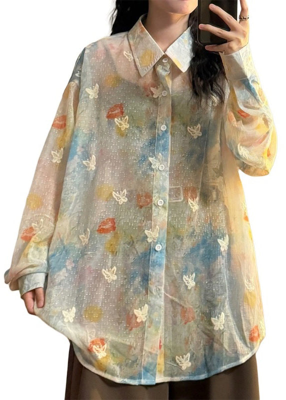 Chic Rainbow Peter Pan Collar Butterfly Button Cotton Shirts Spring