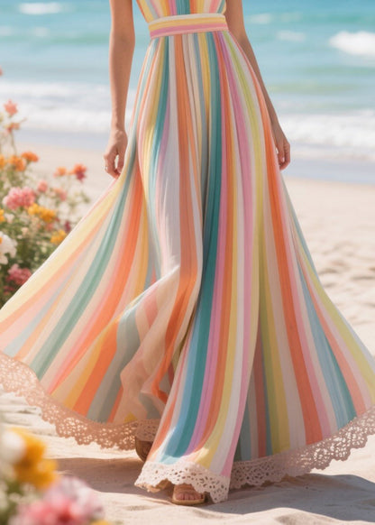Chic Rainbow Striped Exra Large Hem Chiffon Beach Dress Summer