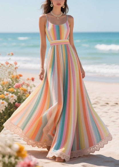 Chic Rainbow Striped Exra Large Hem Chiffon Beach Dress Summer
