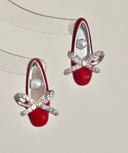 Chic Red Copper Alloy Bow Pearl Ballet Shoes Stud Earrings