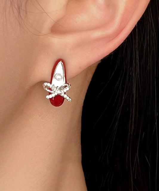 Chic Red Copper Alloy Bow Pearl Ballet Shoes Stud Earrings