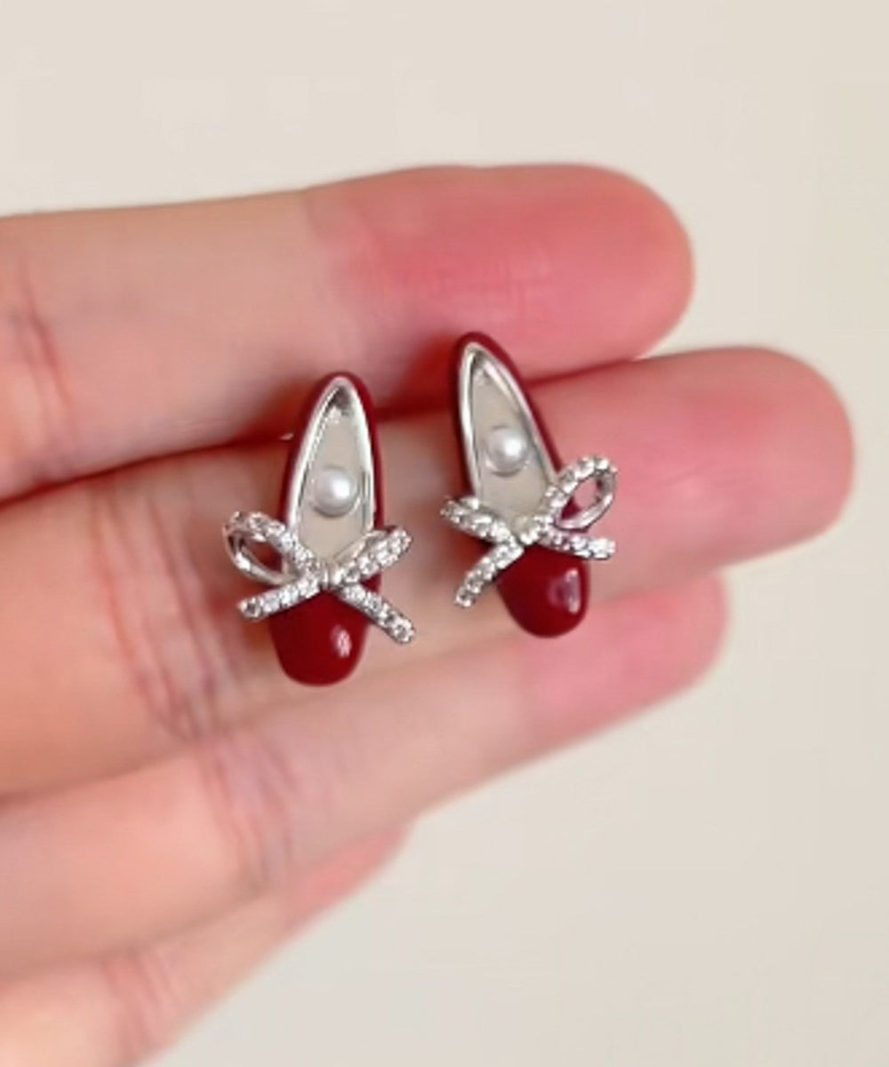 Chic Red Copper Alloy Bow Pearl Ballet Shoes Stud Earrings