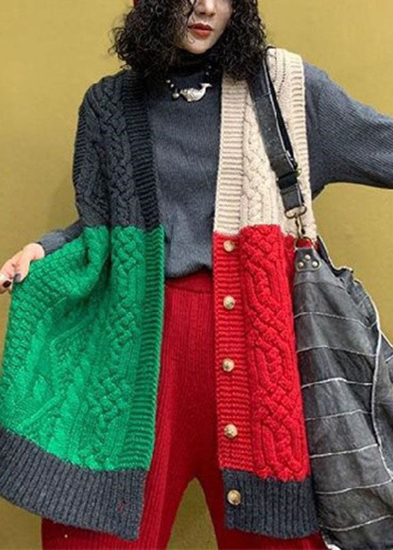 Schicke rot-grüne lockere V-Ausschnitt-Knopf-Patchwork-Herbst-Top ärmellose Weste