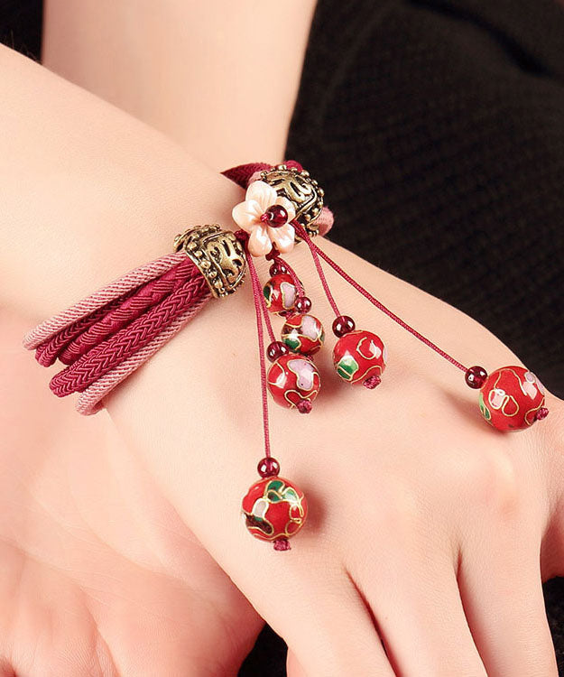 Schickes rotes handgestricktes Cloisonné-Armband mit Muschel-Blumen-Charme