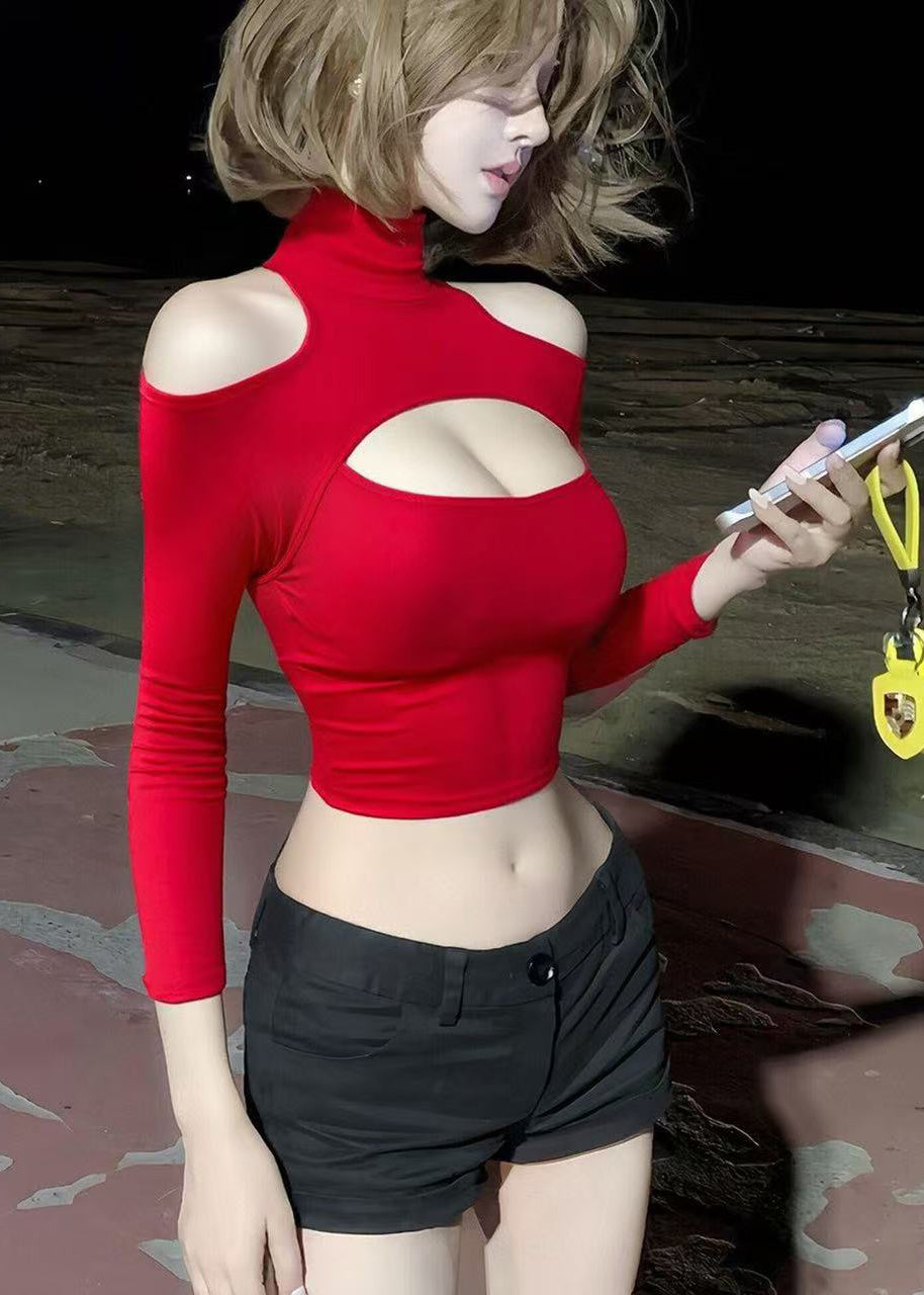Chic Red Hign Neck Hollow Out Patchwork Cotton Top Long Sleeve