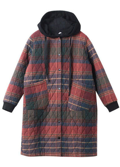 Chic Red Hooded Plaid Kordelzug Baumwolle Parkas Winter