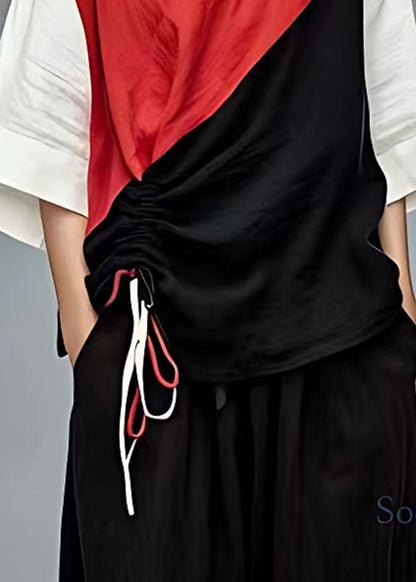 Schickes rotes Patchwork-T-Shirt aus Baumwolle mit Schnürung und Armbandärmeln