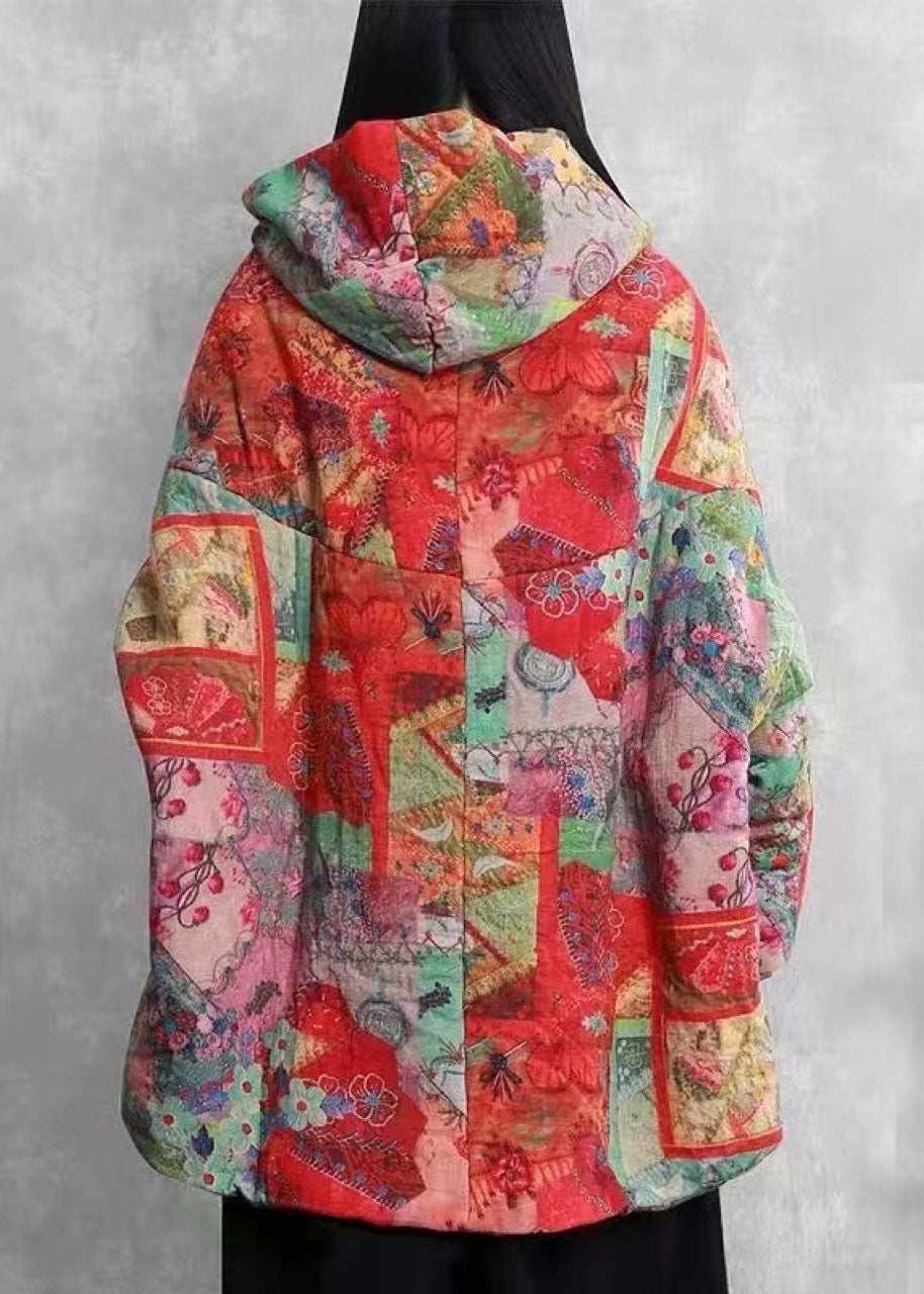 Schicke rote, lockere Winter-Pufferjacke aus Baumwolle mit Kapuze und Taschen