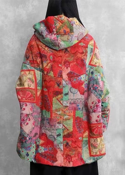 Schicke rote, lockere Winter-Pufferjacke aus Baumwolle mit Kapuze und Taschen