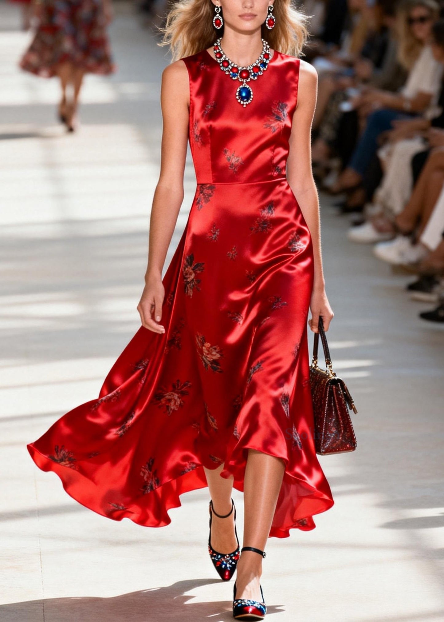 Chic Red O Neck Print Silk Ankle Dress Sleeveless