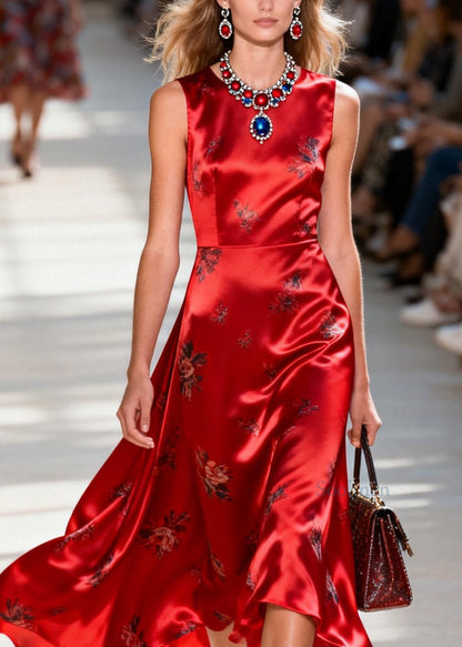 Chic Red O Neck Print Silk Ankle Dress Sleeveless