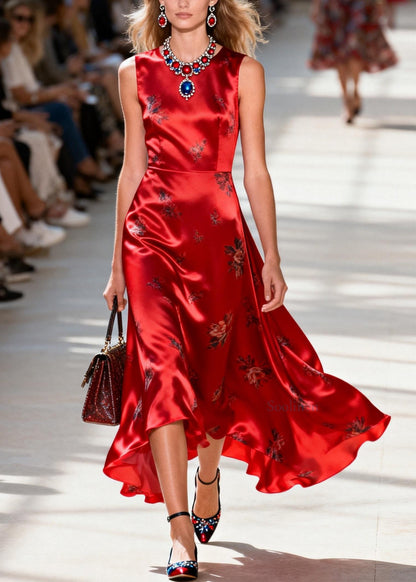 Chic Red O Neck Print Silk Ankle Dress Sleeveless