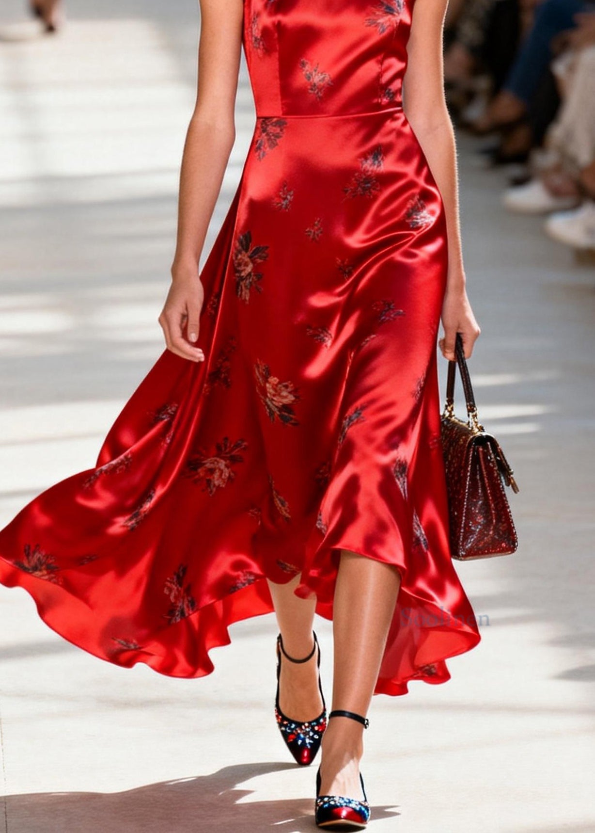 Chic Red O Neck Print Silk Ankle Dress Sleeveless