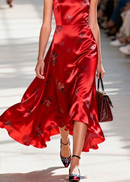 Chic Red O Neck Print Silk Ankle Dress Sleeveless
