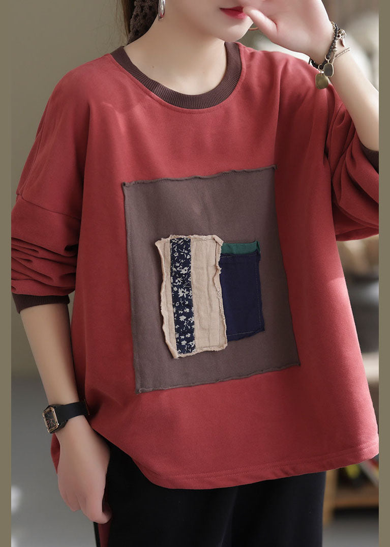 Chic Red O-Neck patch applique Cotton Shirt Spring