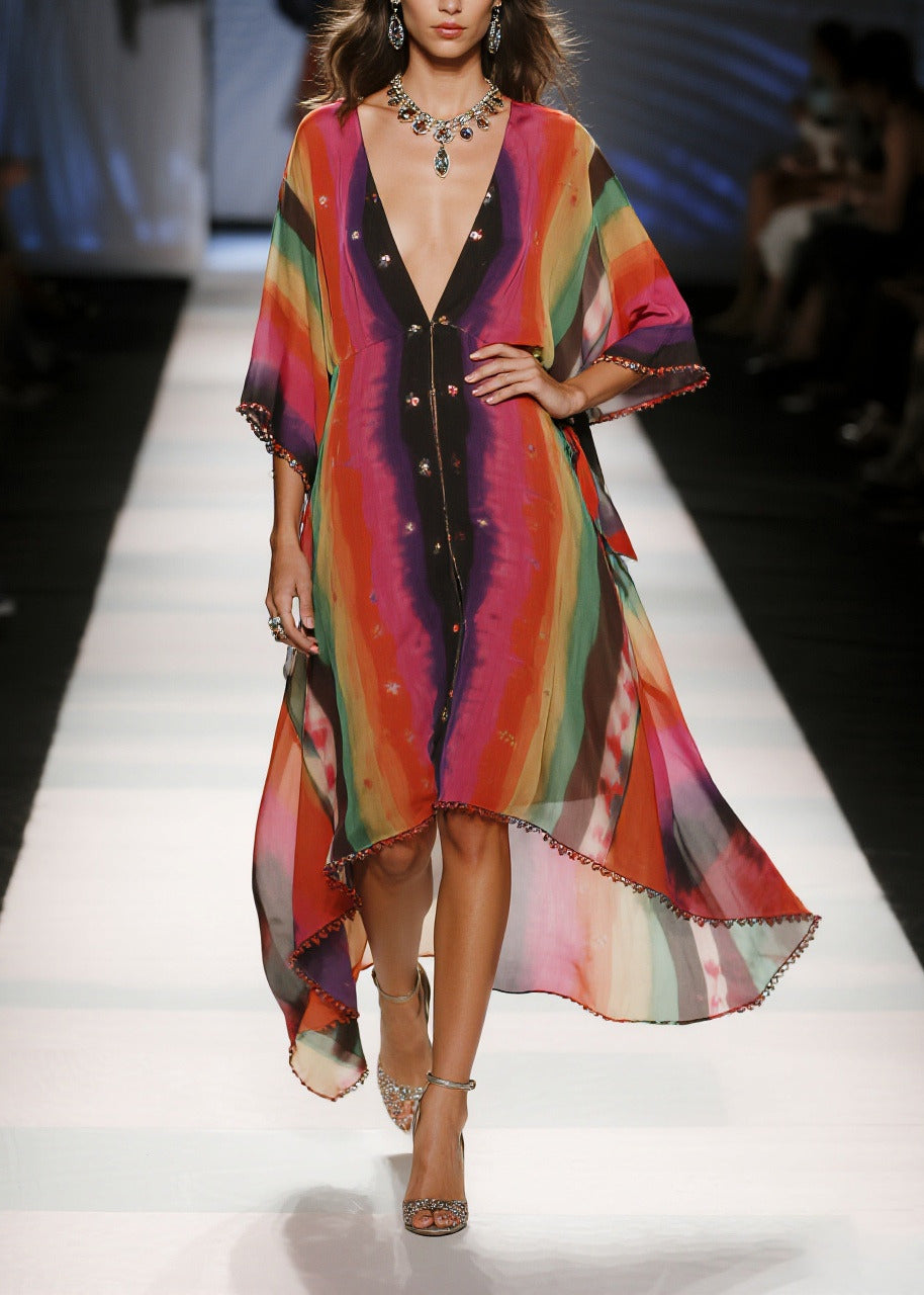 Chic Red Oversized Tie Dye Draping Chiffon Vacation Dresses Summer