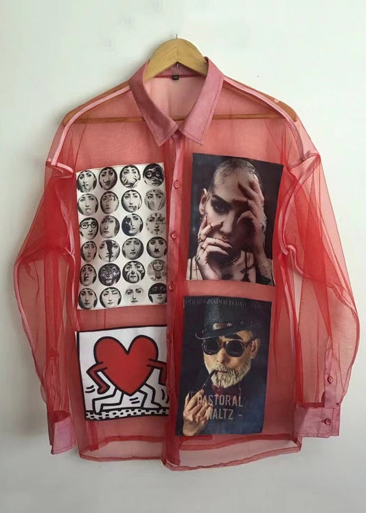 Schicke rote Peter Pan Kragen Print Blusen Langarm